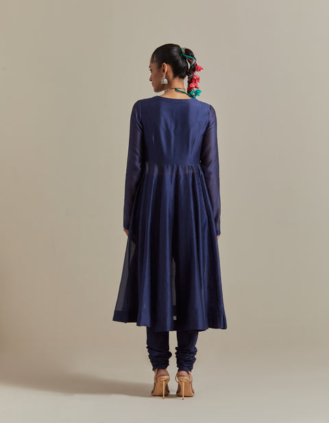 Handcraft Embroidered Blue Chanderi Anarkali Kurta Set with Silver Zari Stripe Dupatta (Set of 3) | Vinusto