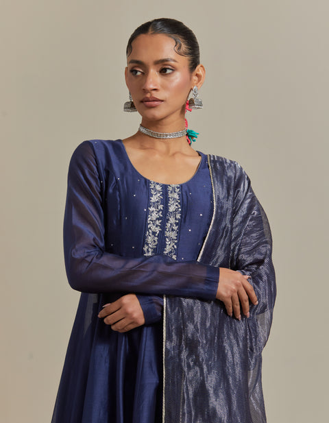 Order Embroidered Blue Chanderi Anarkali Kurta Set with Silver Zari Stripe Dupatta (Set of 3) | Vinusto