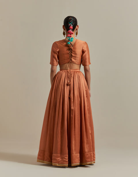 Handcraft Chanderi Skirt Set in Saffron Brown with Zari Striped Dupatta – Vinusto

