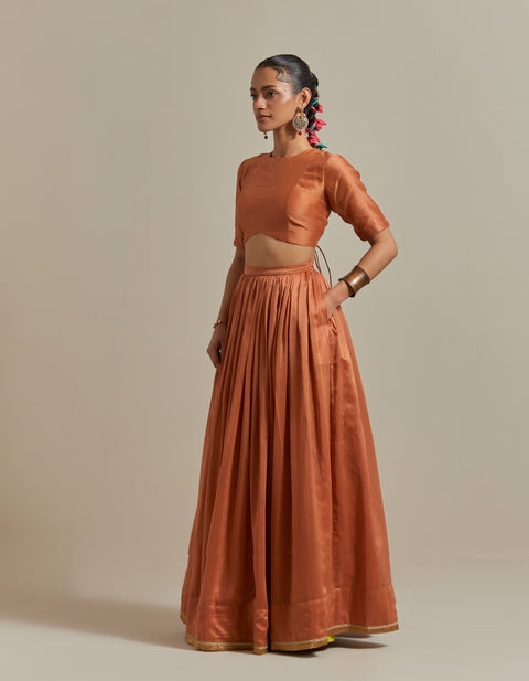 Luxury Chanderi Skirt Set in Saffron Brown with Zari Striped Dupatta – Vinusto

