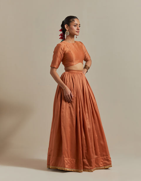 Premium Chanderi Skirt Set in Saffron Brown with Zari Striped Dupatta – Vinusto

