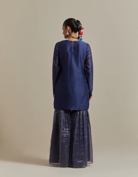 Embroidered Blue Chanderi Kurta & Gharara with Zari Stripe Dupatta (Set of 3)