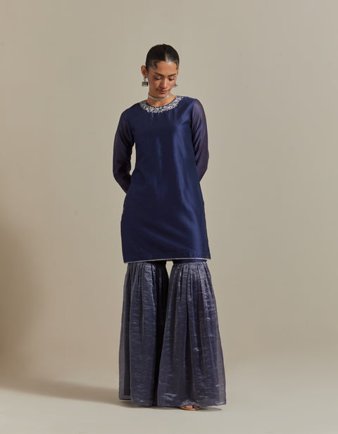 Embroidered Blue Chanderi Kurta & Gharara with Zari Stripe Dupatta (Set of 3)