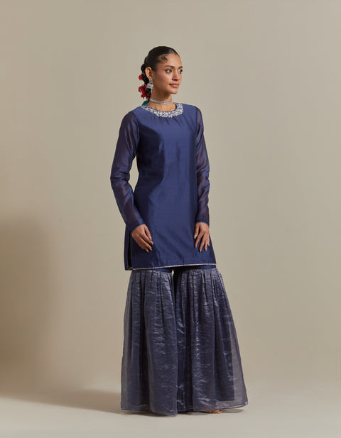 Embroidered Blue Chanderi Kurta & Gharara with Zari Stripe Dupatta (Set of 3)