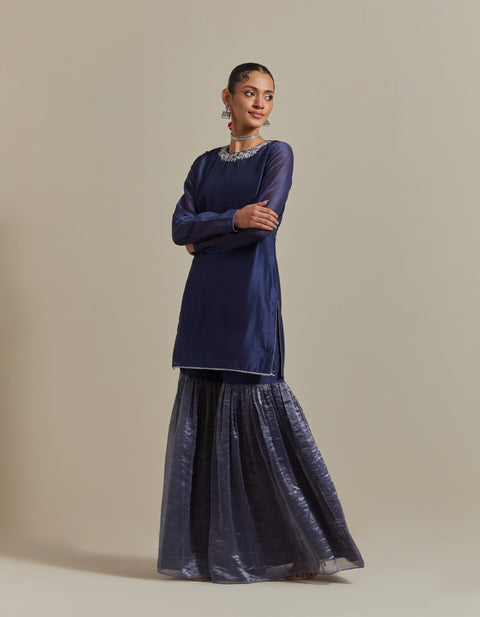 Embroidered Blue Chanderi Kurta & Gharara with Zari Stripe Dupatta (Set of 3)