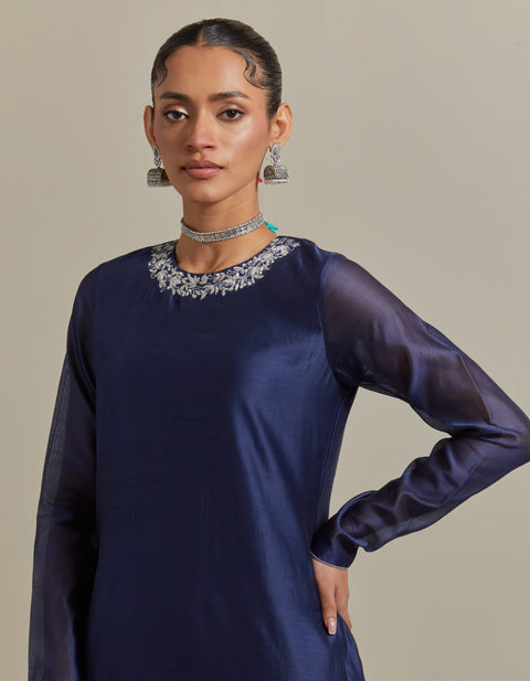 Embroidered Blue Chanderi Kurta & Gharara with Zari Stripe Dupatta (Set of 3)