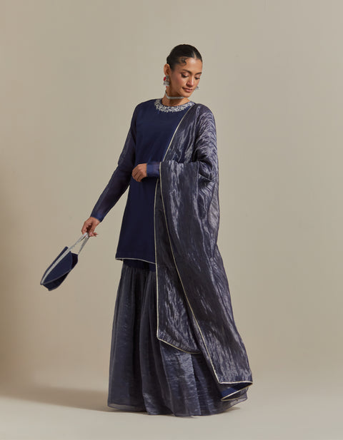 Embroidered Blue Chanderi Kurta & Gharara with Zari Stripe Dupatta (Set of 3)