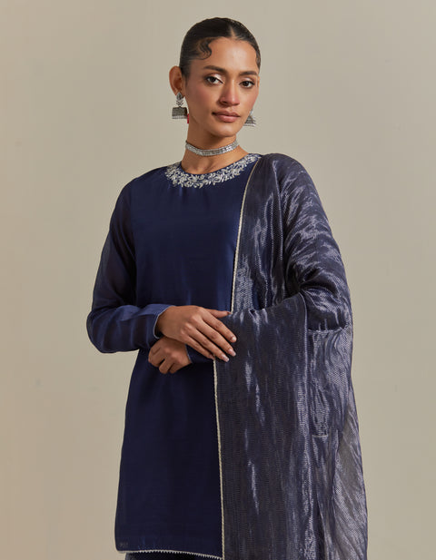 Embroidered Blue Chanderi Kurta & Gharara with Zari Stripe Dupatta (Set of 3)