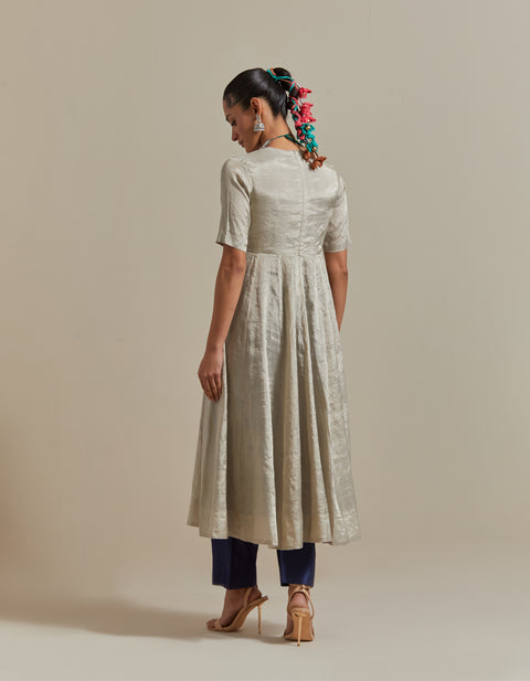 Handcraft Silver Zari Anarkali, Pants & Blue Silver Stripes Dupatta in Chanderi Handloom (Set of 3) | Vinusto