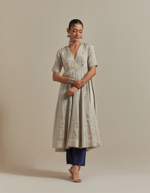 Luxury Silver Zari Anarkali, Pants & Blue Silver Stripes Dupatta in Chanderi Handloom (Set of 3) | Vinusto