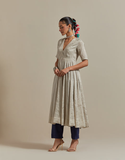 Premium Silver Zari Anarkali, Pants & Blue Silver Stripes Dupatta in Chanderi Handloom (Set of 3) | Vinusto