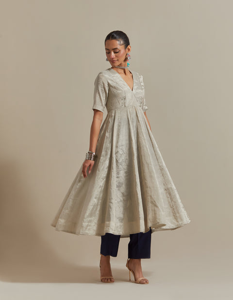 Buy Silver Zari Anarkali, Pants & Blue Silver Stripes Dupatta in Chanderi Handloom (Set of 3) | Vinusto