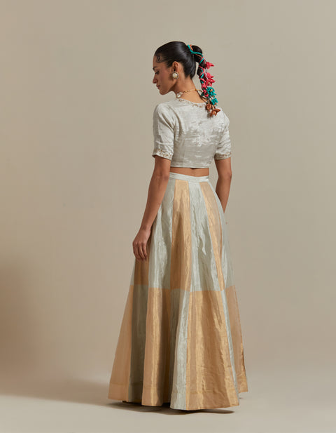 Luxury Silver & Gold Lehenga in Handwoven Zari Silk | Vinusto