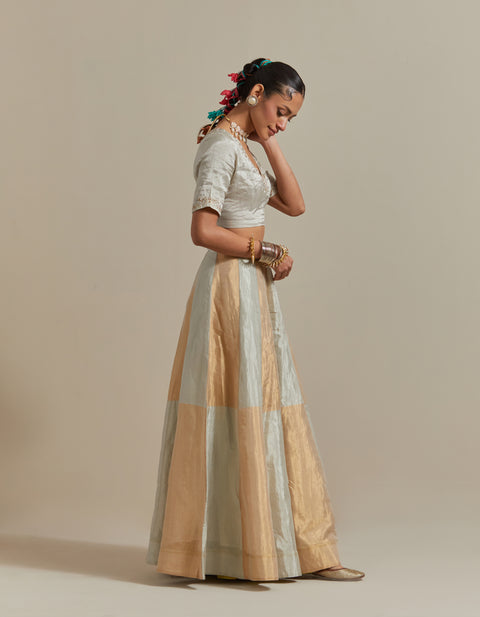 Buy Silver & Gold Lehenga in Handwoven Zari Silk | Vinusto