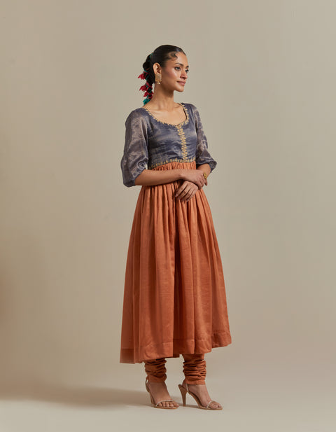 Premium Blue & Saffron Brown Embroidered Anarkali with Dupatta (Set of 3) | Vinusto