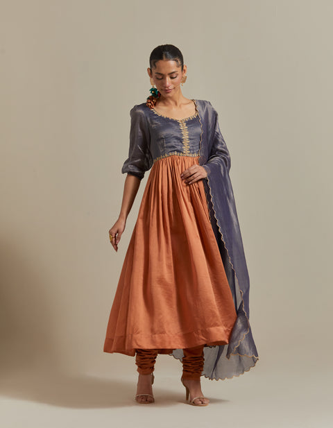 Shop Blue & Saffron Brown Embroidered Anarkali with Dupatta (Set of 3) | Vinusto
