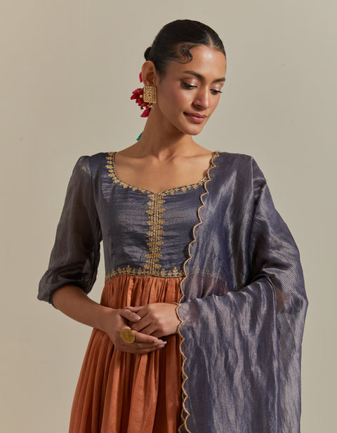 Order Blue & Saffron Brown Embroidered Anarkali with Dupatta (Set of 3) | Vinusto