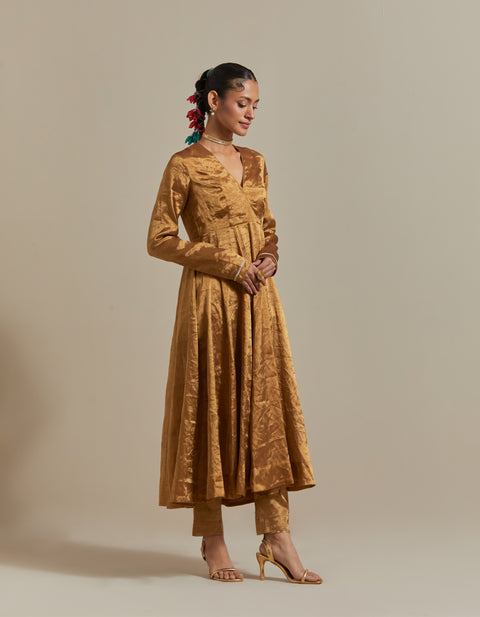 Gold Zari Silk Anarkali Set with Chanderi Stripe Scalloped Dupatta (Set of 3)