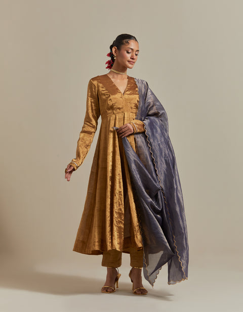 Gold Zari Silk Anarkali Set with Chanderi Stripe Scalloped Dupatta (Set of 3)