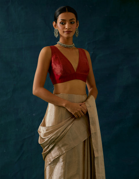 Shop Choli Cut Blouse in Red & Gold Chanderi Handloom | Vinusto