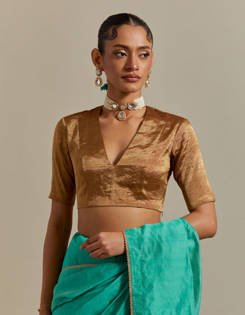 Classic Handwoven Gold Zari V-Neck Blouse