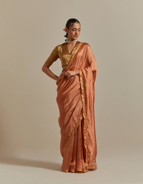 Shop Saffron Silk Saree with Gold Zari Blouse – Vinusto

