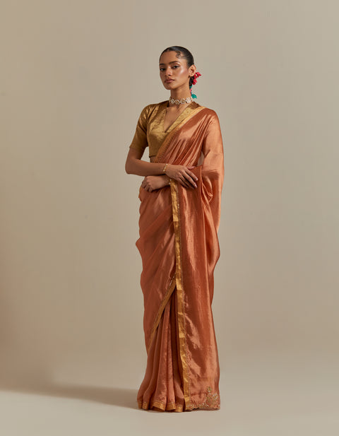 Buy Saffron Silk Saree with Gold Zari Blouse – Vinusto

