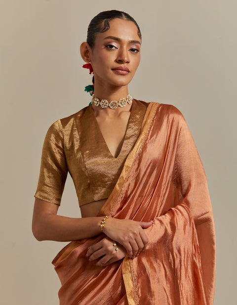 Luxury Saffron Silk Saree with Gold Zari Blouse – Vinusto

