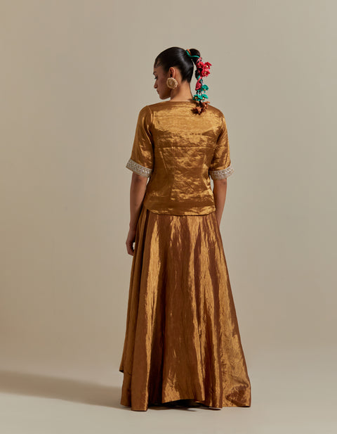 100% Authentic Gold Zari Lehenga, Kurti with Lace & Embroidered Dupatta Set – Vinusto

