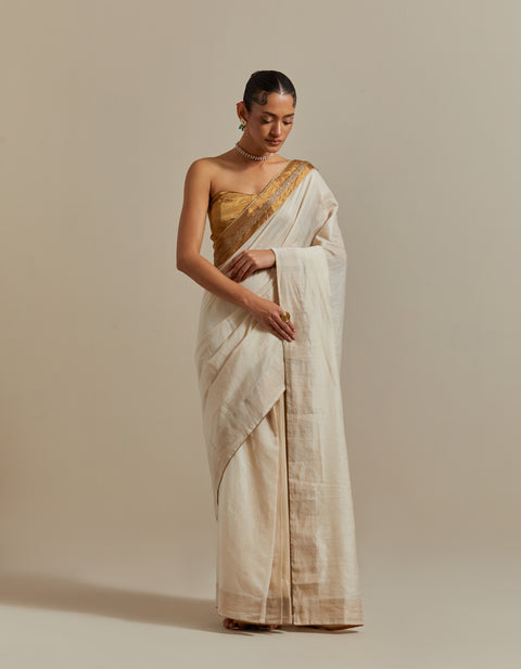 Shop Ivory Ready-to-Wear Saree in Chanderi Handloom & Gold Zari Corset Blouse Set

