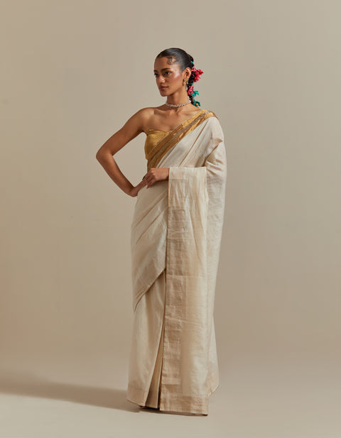Buy Ivory Ready-to-Wear Saree in Chanderi Handloom & Gold Zari Corset Blouse Set


