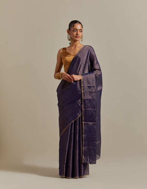 Navy Blue & Gold Zari Stripe Saree with Blouse (Set of 2)
