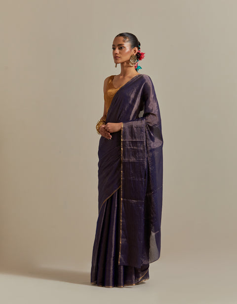 Navy Blue & Gold Zari Stripe Saree with Blouse (Set of 2)