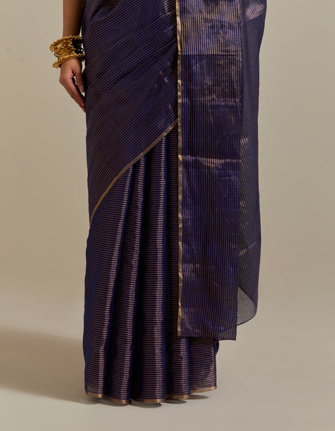 Navy Blue & Gold Zari Stripe Saree with Blouse (Set of 2)