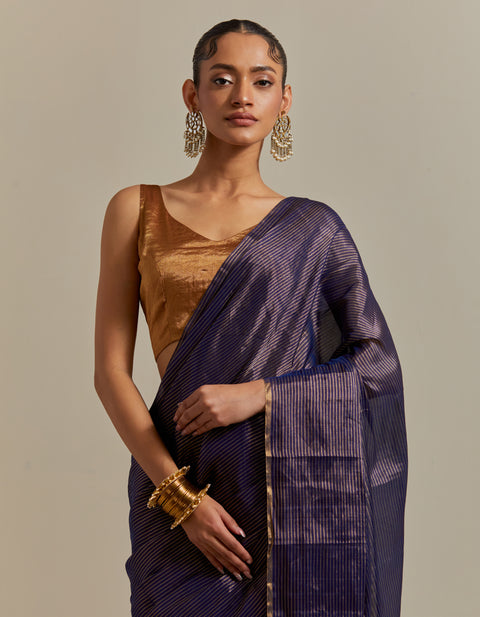 Navy Blue & Gold Zari Stripe Saree with Blouse (Set of 2)