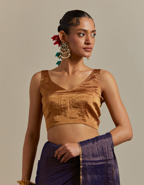 Navy Blue & Gold Zari Stripe Saree with Blouse (Set of 2)