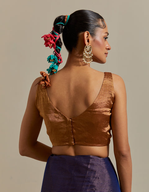 Navy Blue & Gold Zari Stripe Saree with Blouse (Set of 2)