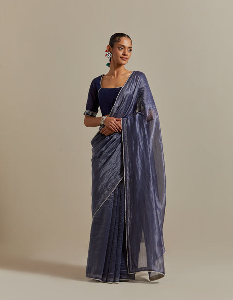 Shop Blue Chanderi Striped Saree & Blouse with Pearl Lace – Set of 2

