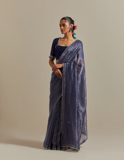 Buy Blue Chanderi Striped Saree & Blouse with Pearl Lace – Set of 2

