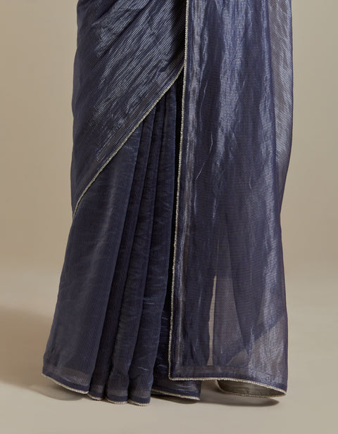 Order Blue Chanderi Striped Saree & Blouse with Pearl Lace – Set of 2

