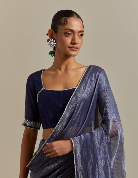 Luxury Blue Chanderi Striped Saree & Blouse with Pearl Lace – Set of 2

