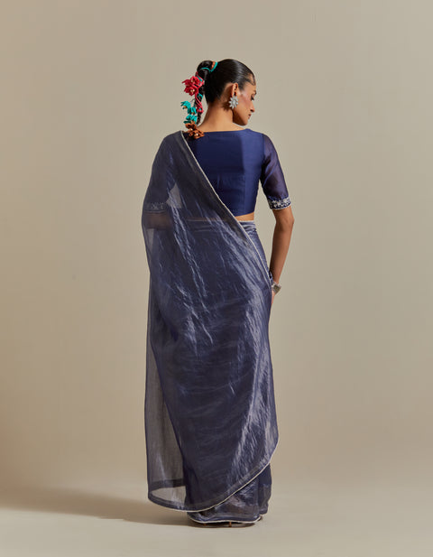 Premium Blue Chanderi Striped Saree & Blouse with Pearl Lace – Set of 2

