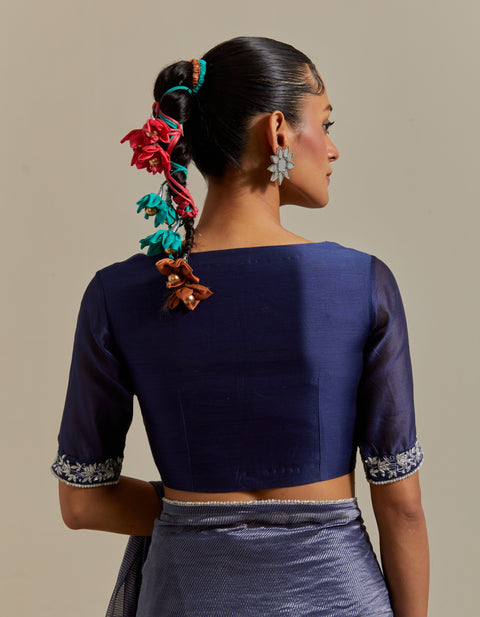 Handcraft Blue Chanderi Striped Saree & Blouse with Pearl Lace – Set of 2

