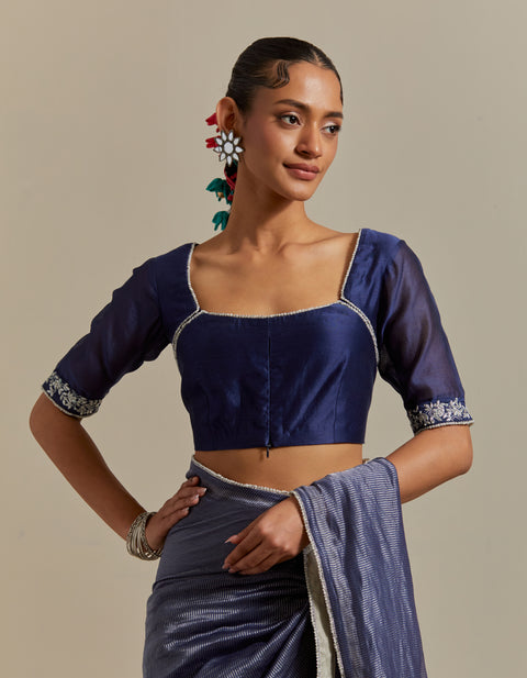 100% Authentic Blue Chanderi Striped Saree & Blouse with Pearl Lace – Set of 2

