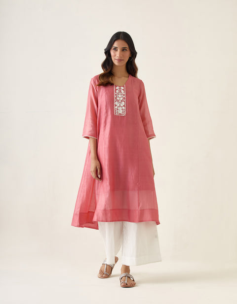 Buy Chanderi Handloom Embroidered Kalidar Kurta in Rose Pink with Cotton Palazzo, Dupatta & Slip (Set of 4) -  By Vinusto 
