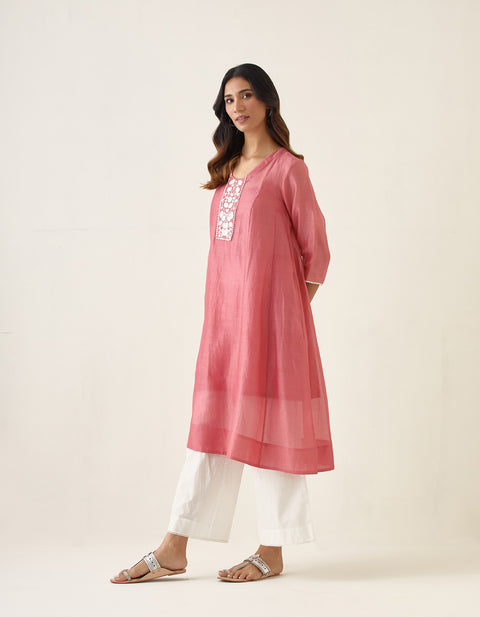 Premium Chanderi Handloom Embroidered Kalidar Kurta in Rose Pink with Cotton Palazzo, Dupatta & Slip (Set of 4) -  By Vinusto 
