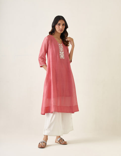 Order Chanderi Handloom Embroidered Kalidar Kurta in Rose Pink with Cotton Palazzo, Dupatta & Slip (Set of 4) -  By Vinusto 
