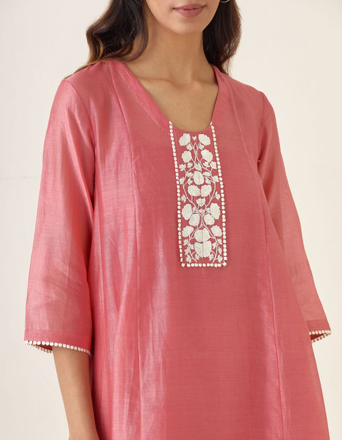 Designer Chanderi Handloom Embroidered Kalidar Kurta in Rose Pink with Cotton Palazzo, Dupatta & Slip (Set of 4) -  By Vinusto 
