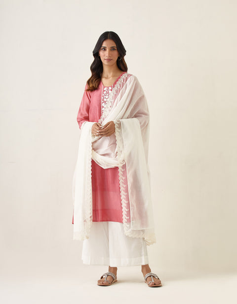 Shop Chanderi Handloom Embroidered Kalidar Kurta in Rose Pink with Cotton Palazzo, Dupatta & Slip (Set of 4) -  By Vinusto 
