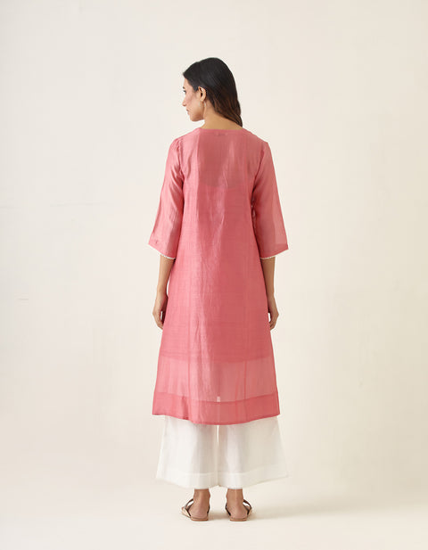 Handcrafted Chanderi Handloom Embroidered Kalidar Kurta in Rose Pink with Cotton Palazzo, Dupatta & Slip (Set of 4) -  By Vinusto 
